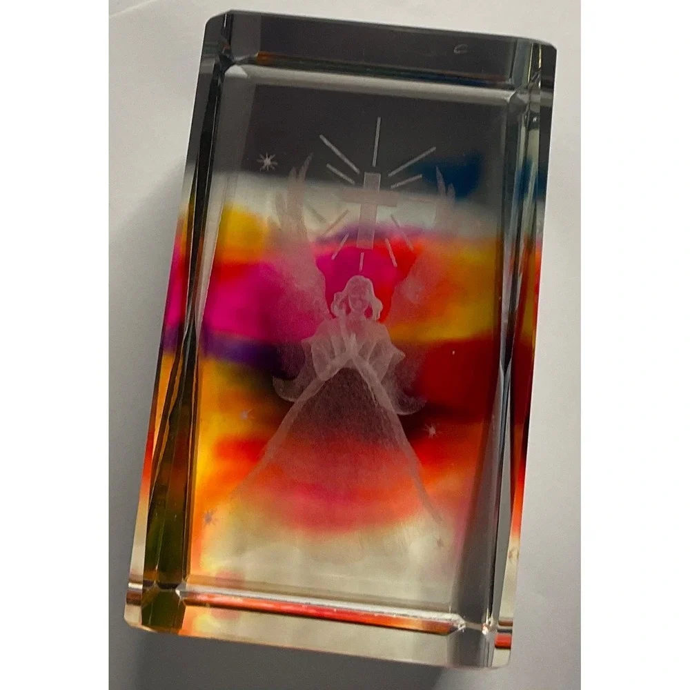 CRYSTAL GLASS ANGEL & CROSS SQUARE PAPERWEIGHT 3D LASER ETCHED RAINBOW COLORS